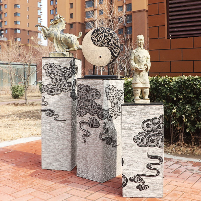 禅意摆件新中式祥云展示柱仿石柱复古中式庭院客厅办公室底座装饰