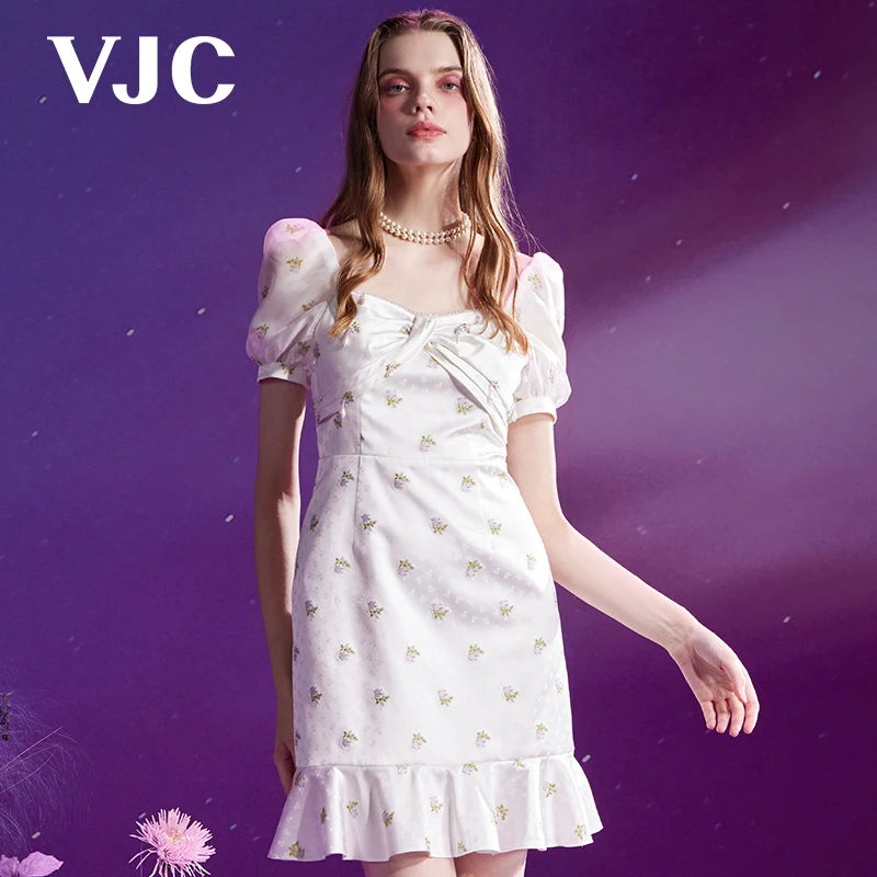 VJC OLIVIA 夏季法式褶皱刺绣连衣裙清新高腰鱼尾裙V23BT1050