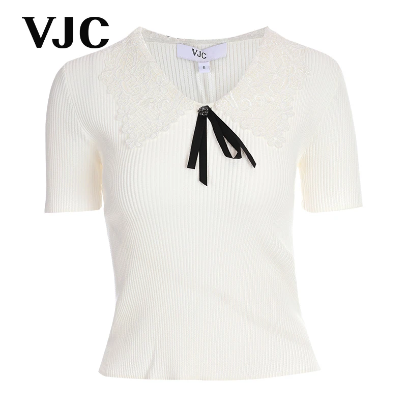 VJC OLIVIA夏季刺绣针织衫V领蝴蝶结毛织上衣肌理感女新