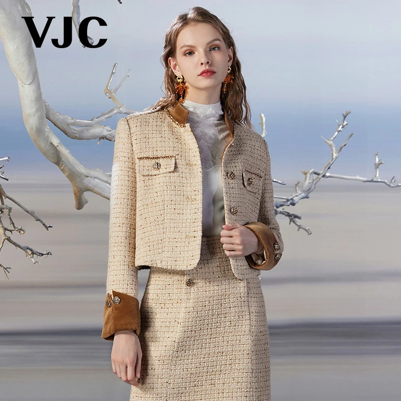 VJC OLIVIA秋冬新款时尚卡其色小香风外套气质短款百搭V23DF1182