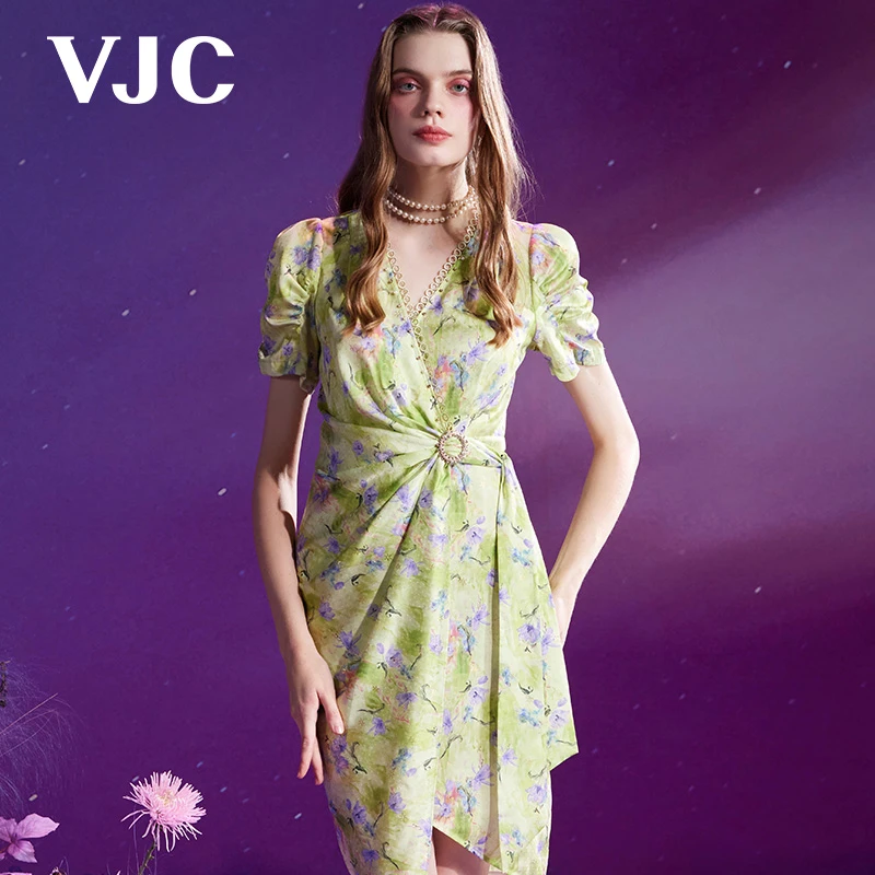VJC OLIVIA 夏季法式V领扭结褶皱开叉裙碎花连衣裙薄荷V23BT1055