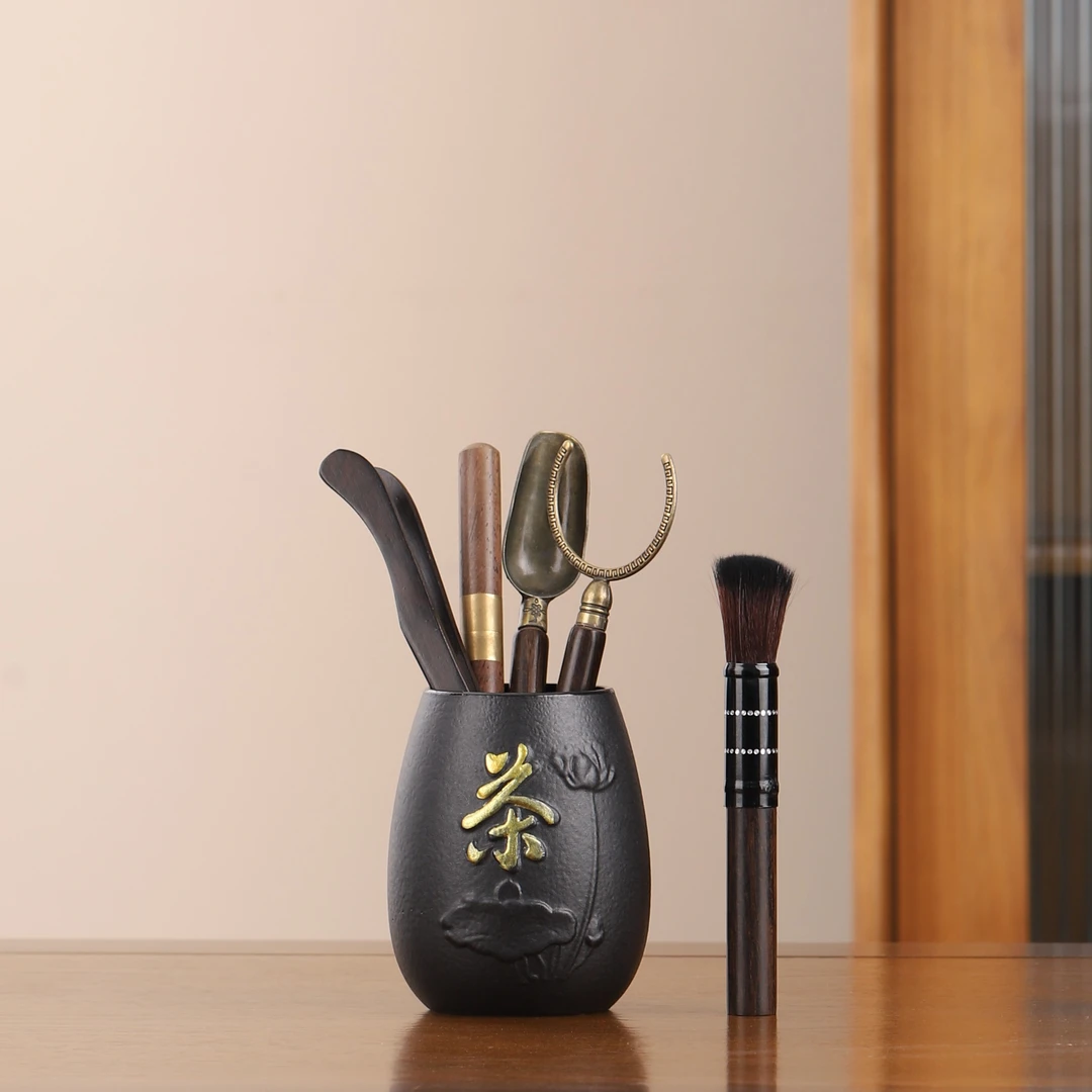 禅茶一味六君子茶道配件茶夹茶针茶托养壶笔茶桌摆件陶瓷茶具