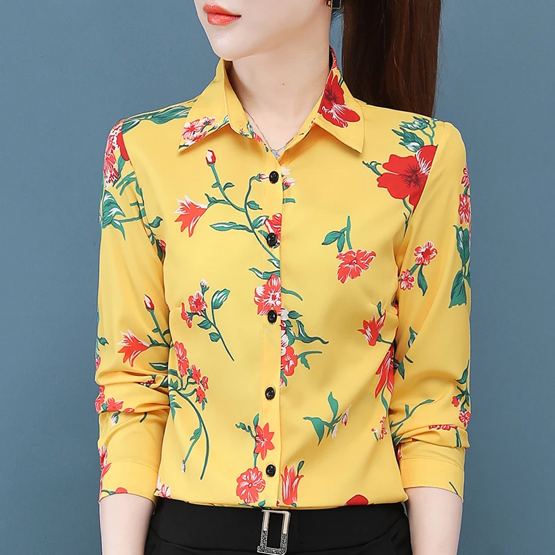 高贵雪纺印花衬衫女长袖新款春秋碎花衬衣中年妈妈装洋气减龄上衣