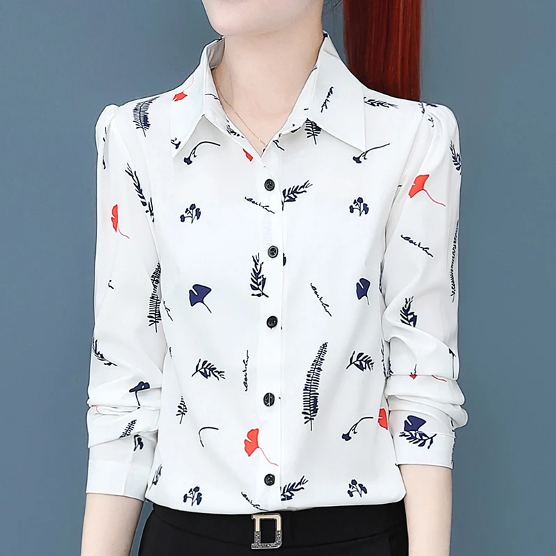 印花高档雪纺衬衫女长袖2024年新款春碎花衬衣中年妈妈装减龄上衣
