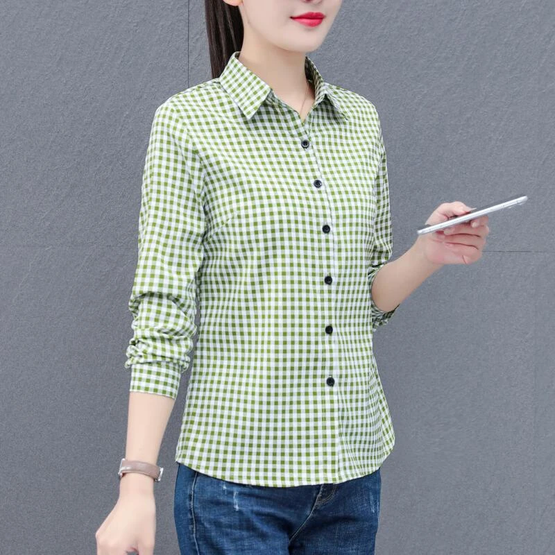 衬衫女装上衣大码春秋衬衣百搭格子衬衫显瘦时尚休闲打底女士中年
