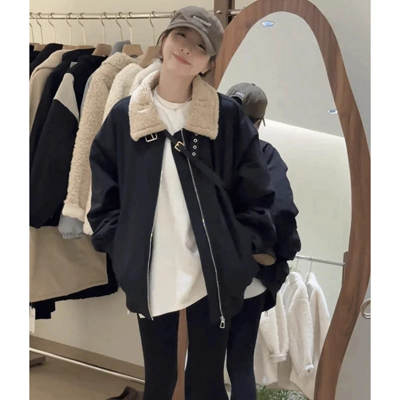 洋气保暖夹棉工装派克服羊羔毛领拉链棉服棉衣女外套韩系宽松上衣