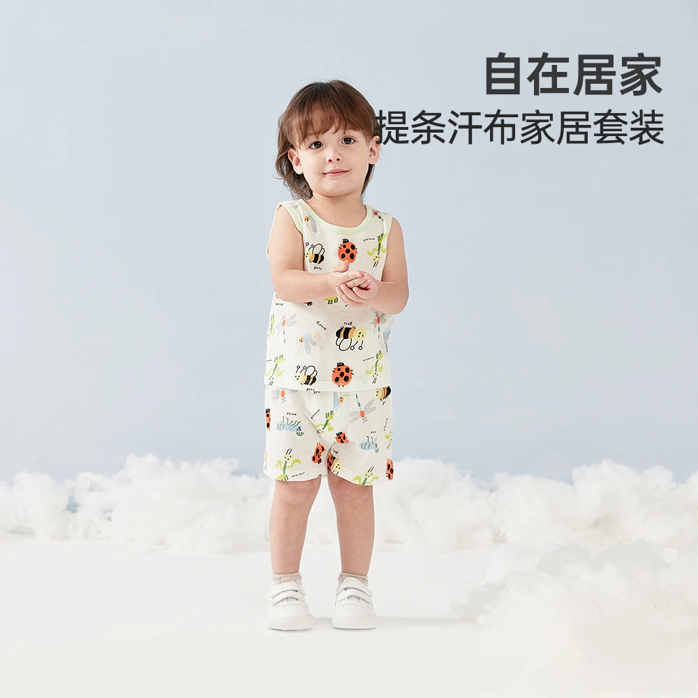 wellber/威尔贝鲁提条汗布背心套装宝宝家居服套装纯棉薄款套装