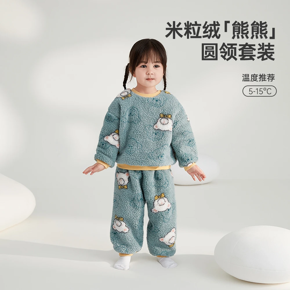 wellber/威尔贝鲁米粒绒圆领套装加厚长袖儿童卡通保暖秋冬季加绒