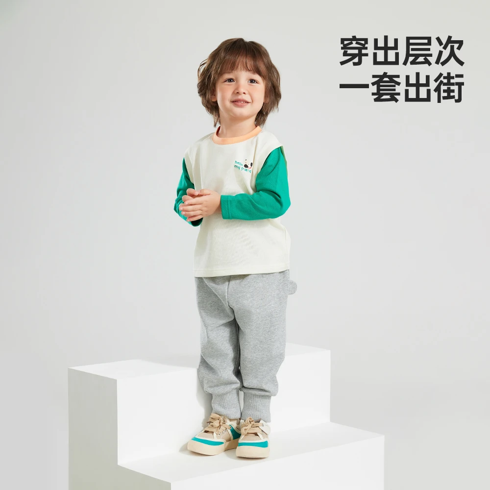 wellber/威尔贝鲁假两件造型套装儿童针织休闲圆领长袖宽松套装