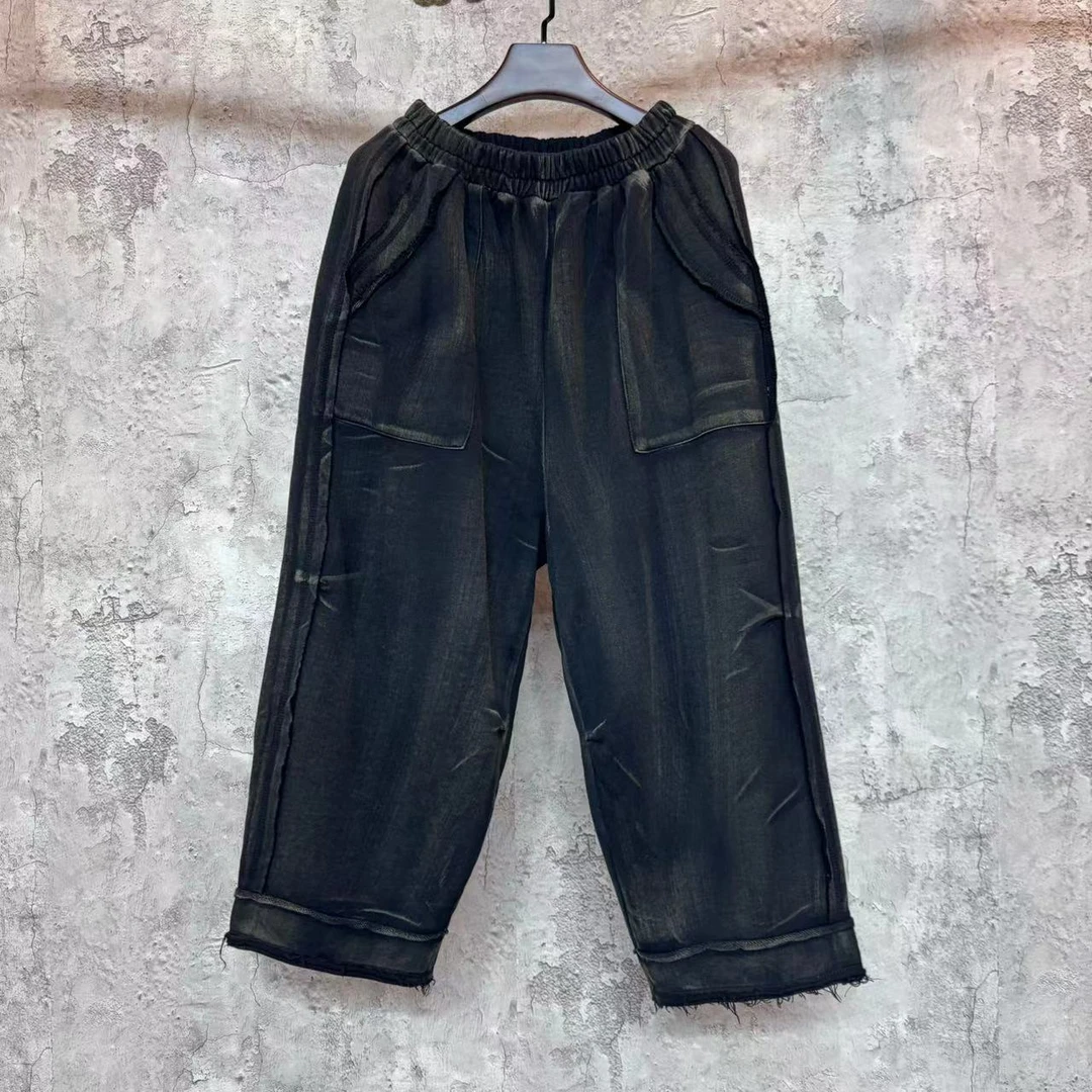 本古佳1128全棉针织毛圈8分阔腿裤128*87春秋黑色宽松休闲时尚