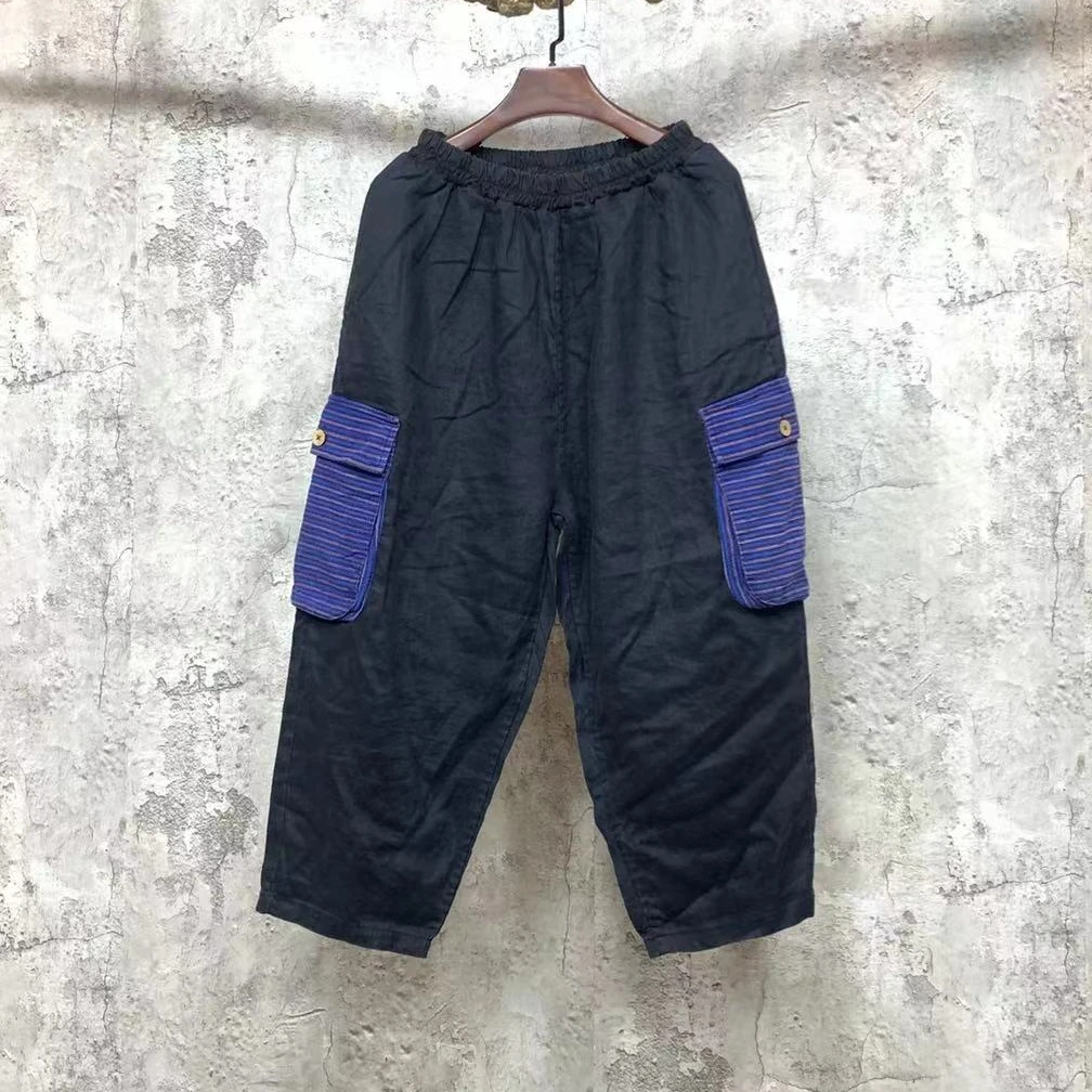 本古佳0722亚麻大兜萝卜裤休闲裤130*85时尚潮流宽松遮肉亲肤透气