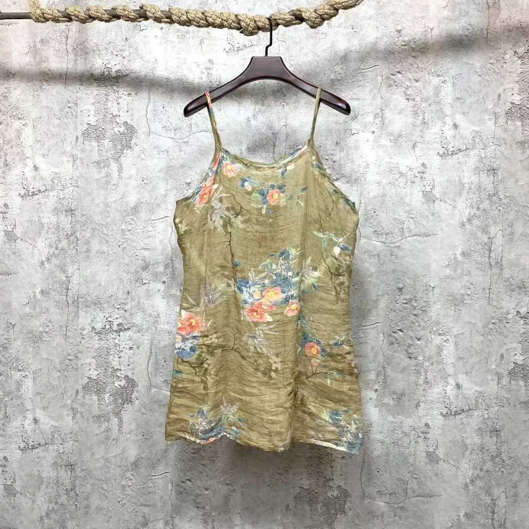 墨香芷0319苎麻长款吊带108*80甜辣吊带碎花时尚女士国风舒适百搭