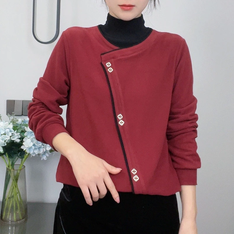 秋冬新款时尚百搭休闲双面绒假两件宽松设计感撞色半高领打底衫女