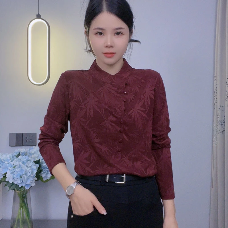 秋冬新款时尚百搭显瘦气质中国风纽扣针织提花棉打底小衫女6191