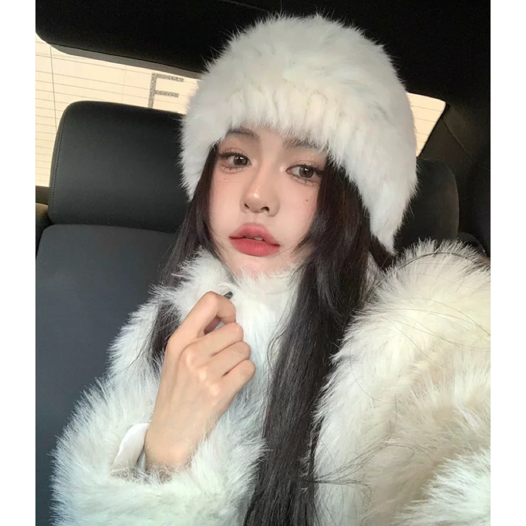 手工针织款纯色包头真毛毛帽..