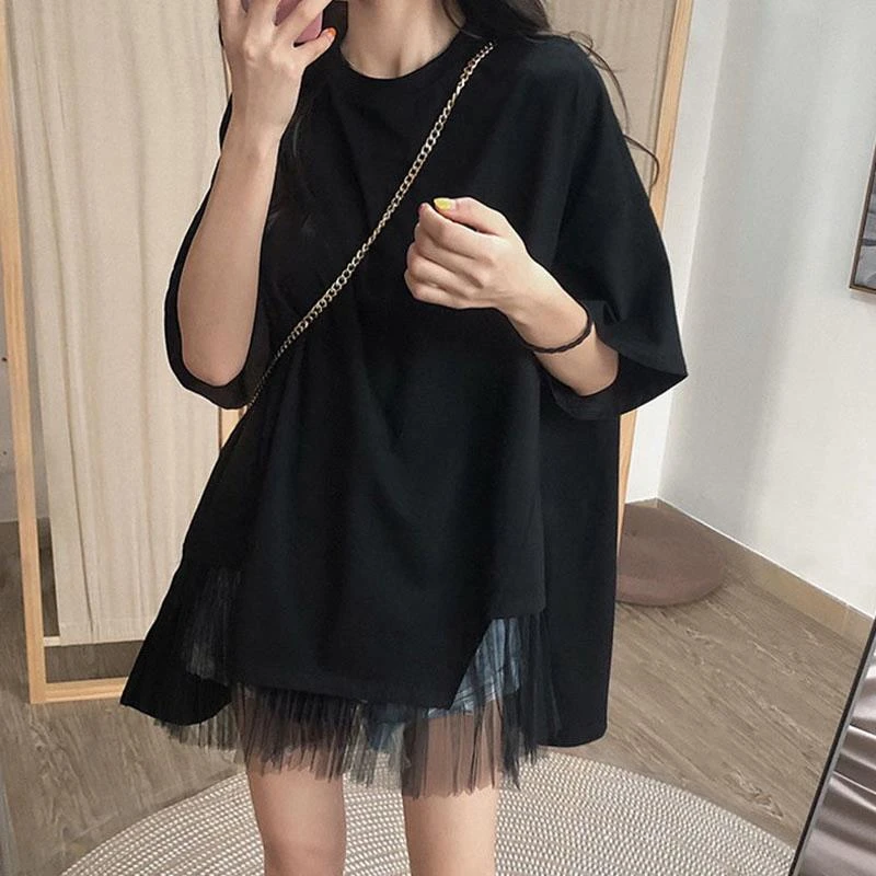 黑色网纱短袖t恤女夏欧货大版半袖宽松拼接蕾丝中长款遮屁股上衣