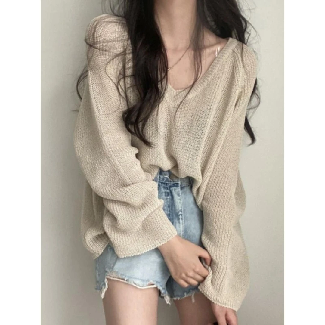 慵懒风V领针织衫长袖女春季新款大码胖mm外搭罩衫显瘦中长款上衣