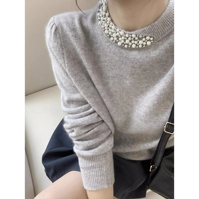泡泡袖小香风圆领钉珠毛衣女秋冬穿搭加厚高级感爆款洋气套头上衣