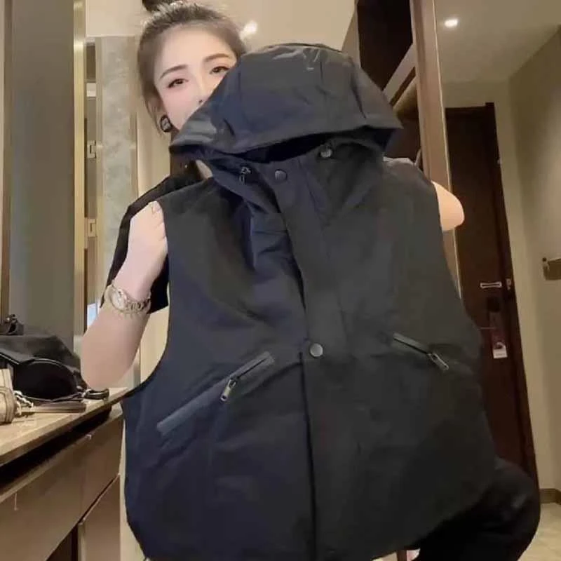 欧货带帽马甲女款2024春秋新款连帽休闲工装风衣背心卫衣马夹坎肩