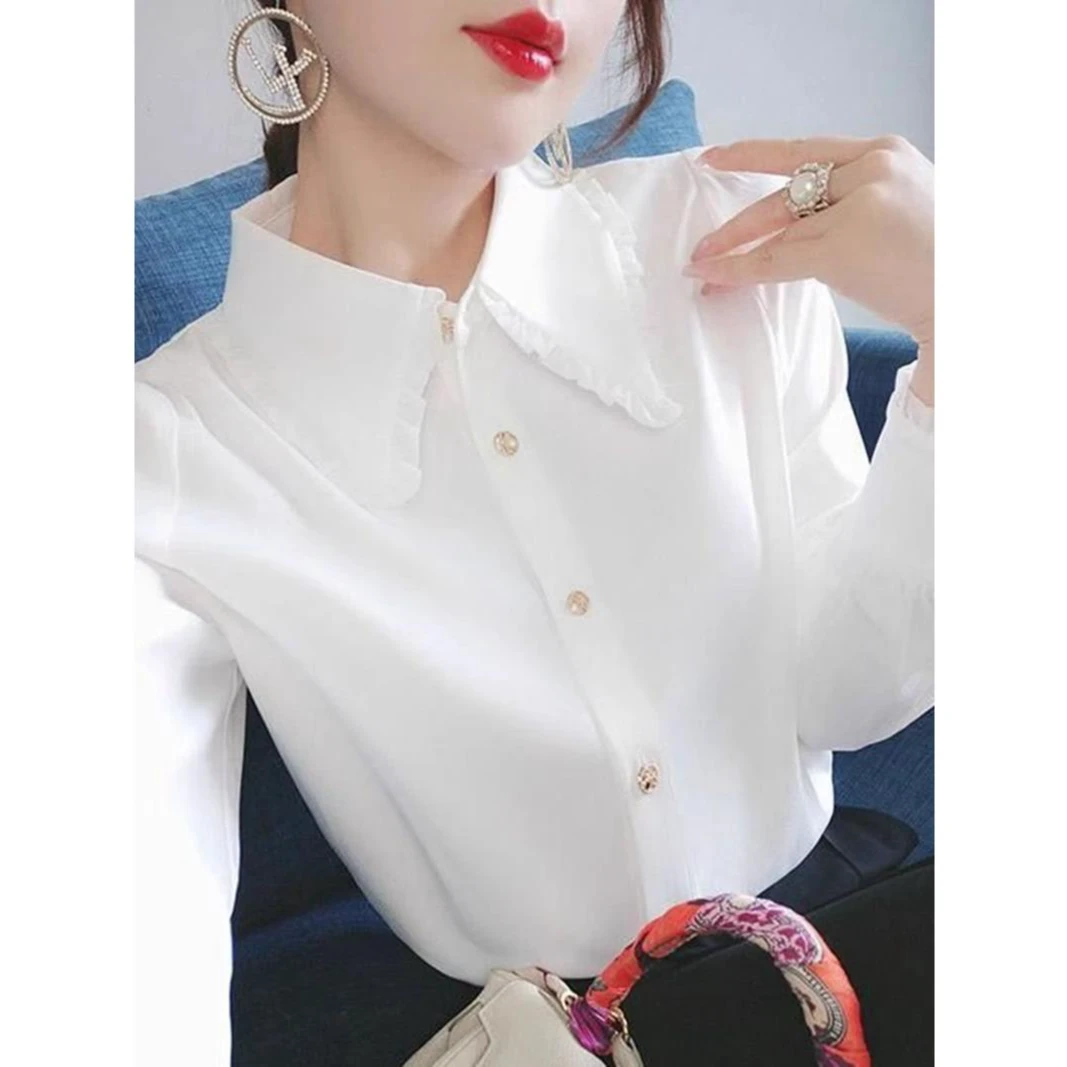 白色雪纺衬衫女长袖春秋款小个子大码宽松设计感小众内搭衬衣上衣