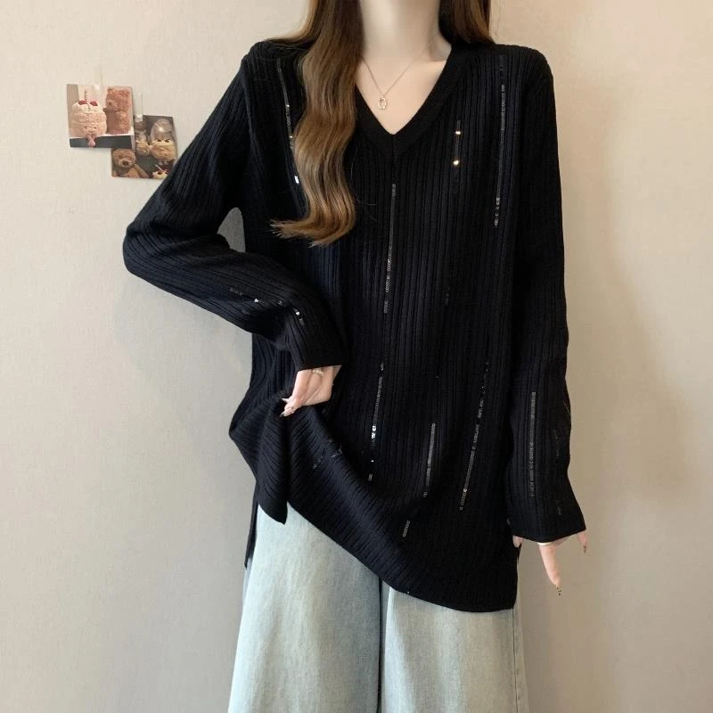 亮片V领长袖打底针织衫女春秋新款大码胖mm洋气中长款遮屁股上衣