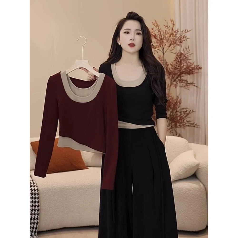 假两件长袖t恤女春秋2024新款打底衫设计感修身洋气内搭短款上衣