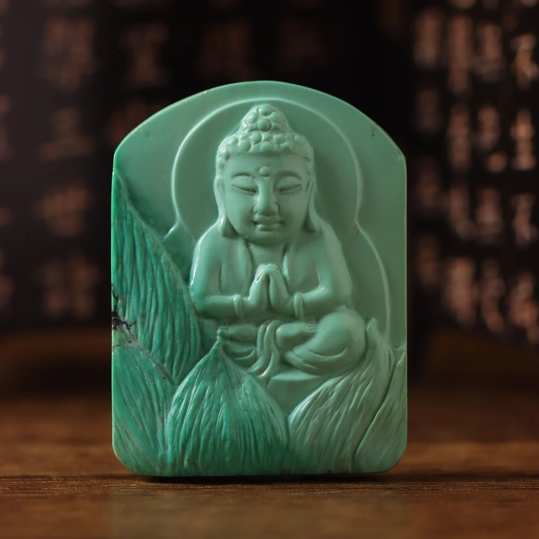 【小福二店·高端素品】原矿绿松石水波纹精工手工雕刻无事牌配饰