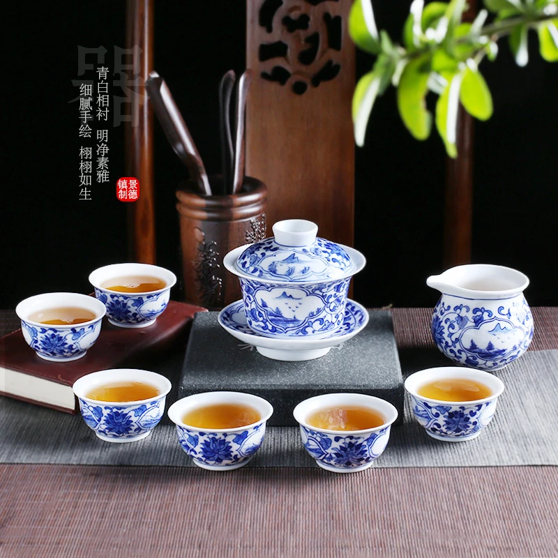 景德镇手绘青花瓷高档功夫茶具套装小套陶瓷茶杯三才盖碗整套礼盒