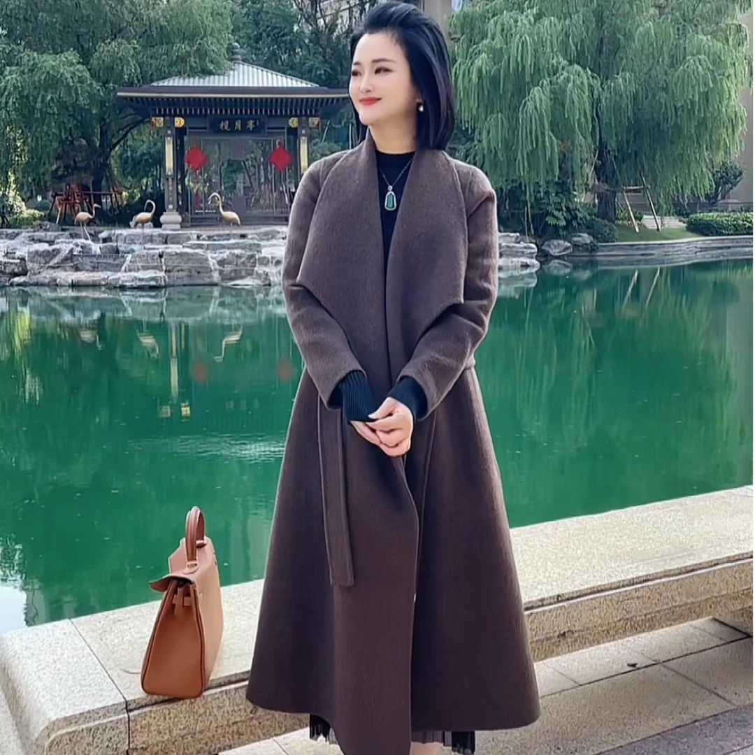 【悦缘精选】新款大翻领腰带设计双面羊毛大衣双面羊绒显瘦气质网红