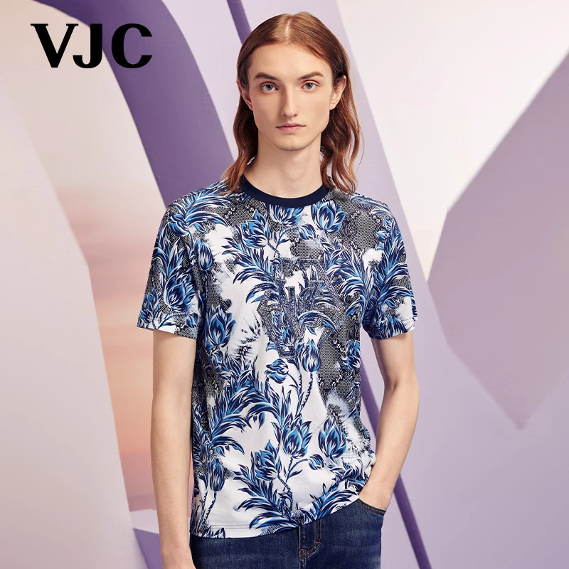 VJC/威杰思2025春夏新款男装时尚休闲印花圆领T恤烫钻B24BA1020