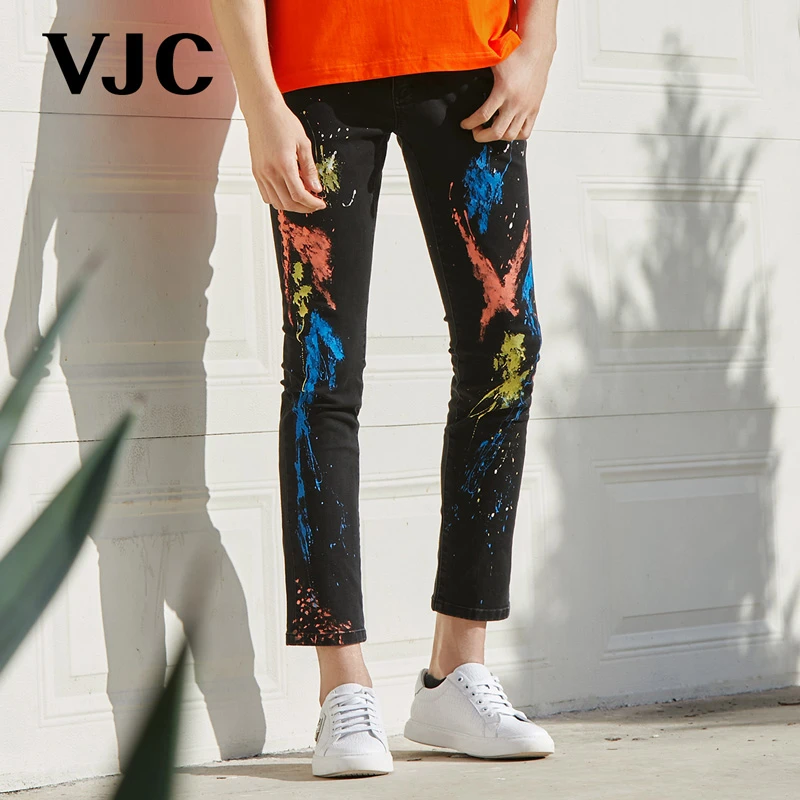 VJC/威杰思2023春夏男装新款九分牛仔裤涂鸦印花修身B22BO2422
