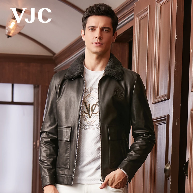 VJC/威杰思2023秋季男装新款男士羊皮翻领皮衣夹克B22DK1667