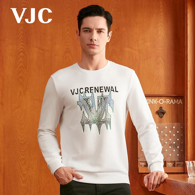 VJC/威杰思秋季男装新款烫钻休闲长袖恤衫圆领卫衣B23CE1250