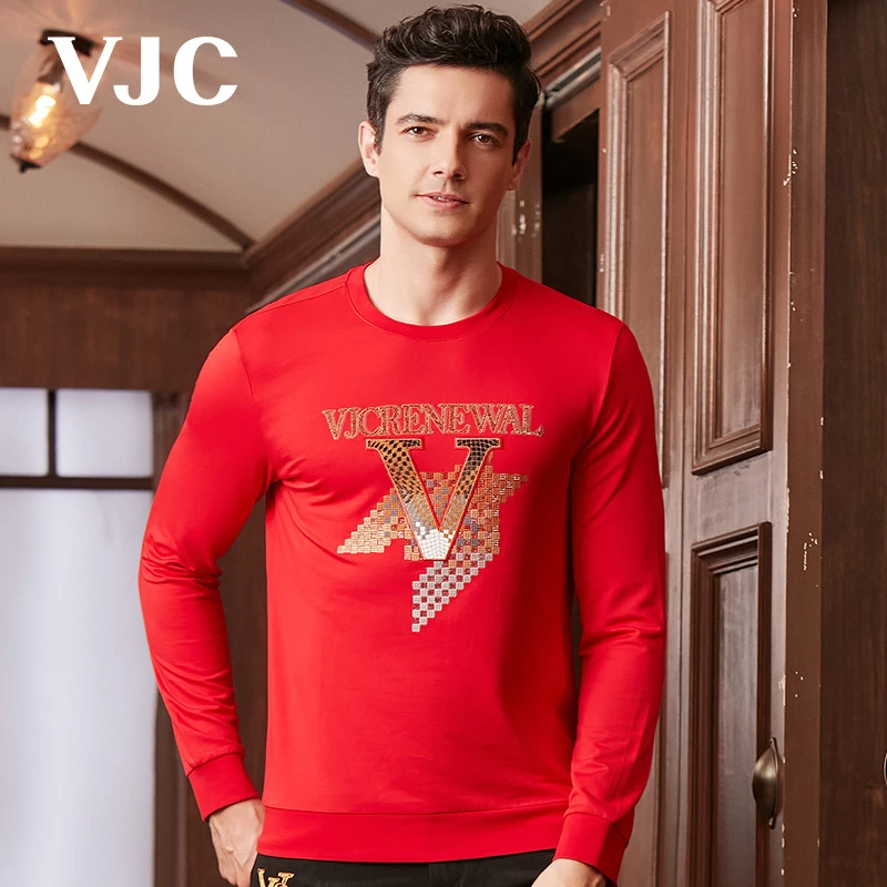 VJC/威杰思 秋季新款男士卫衣复古刺绣印花烫钻修身B22CE1252