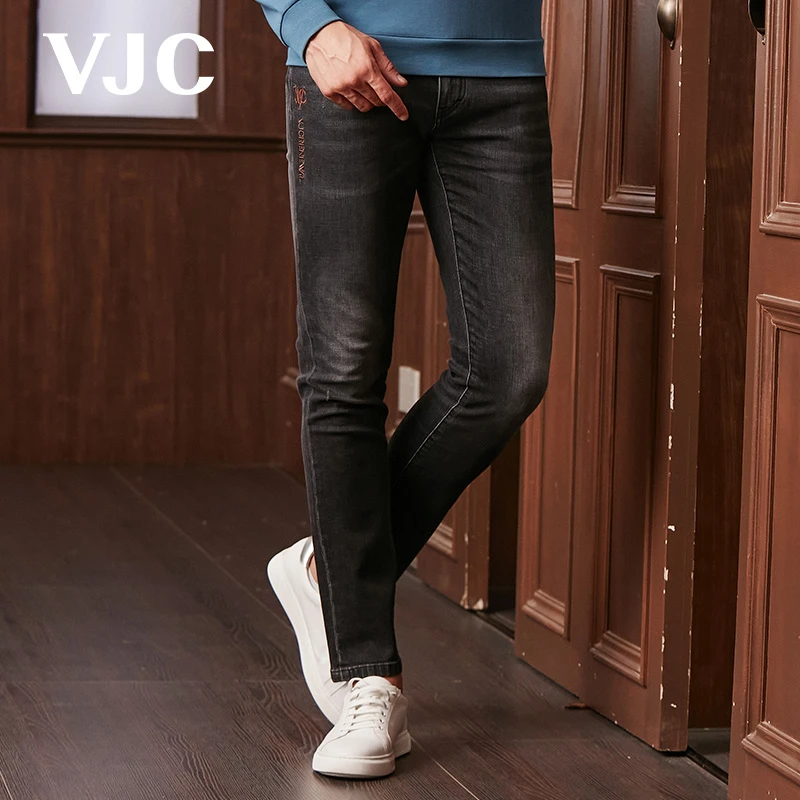 VJC/威杰思2023秋季男装新款男士深灰色牛仔裤磨白刺绣B22DO3432