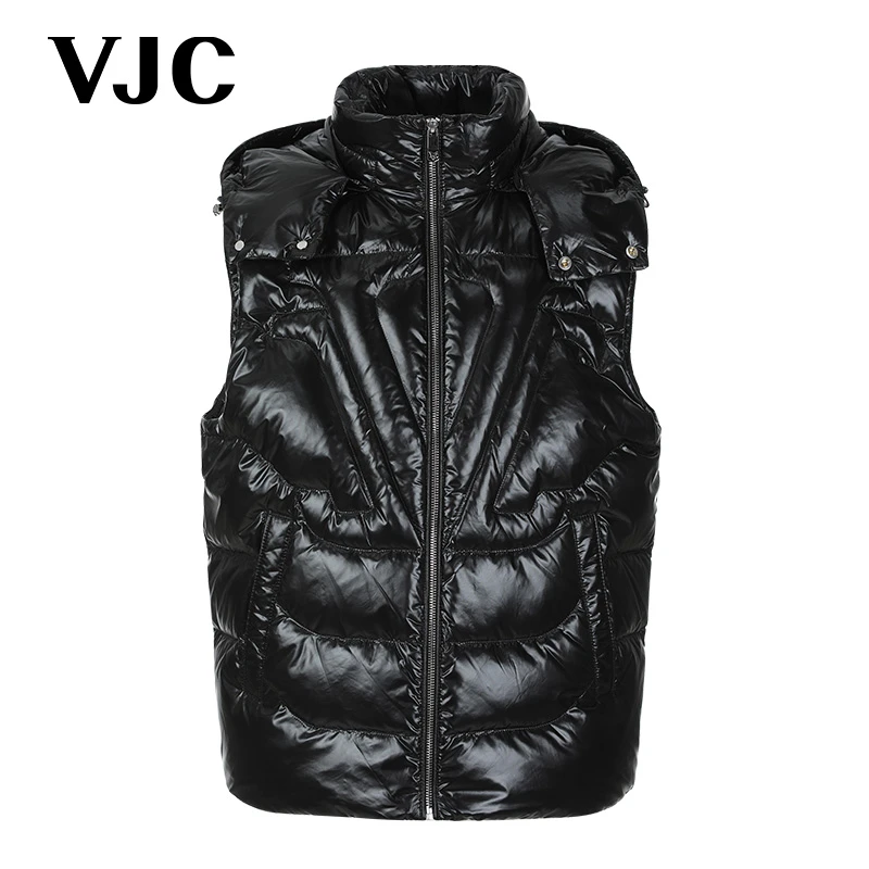 VJC/威杰思秋冬新款男装亮面羽绒背心连帽立领马甲B23DD2621