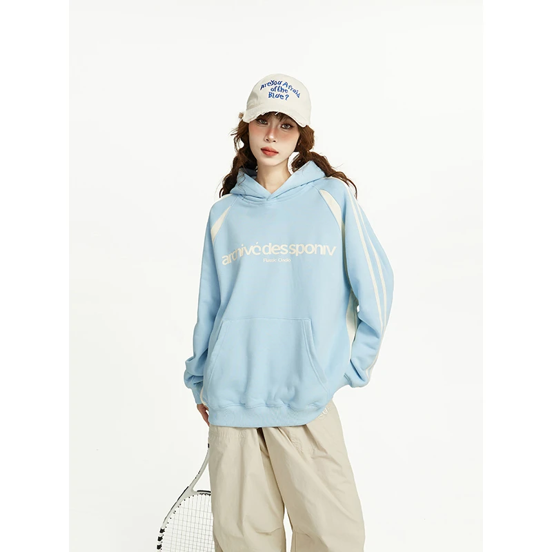 美式蓝色连帽卫衣女秋冬款慵懒风印花设计感潮牌oversize宽松上衣