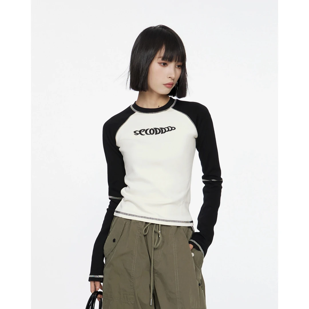 美式复古插肩长袖t恤女秋季短款正肩修身紧身秋冬内搭打底衫上衣