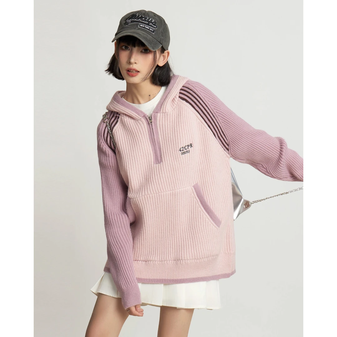 美式复古粉色半拉链连帽套头针织毛衣女秋冬季慵懒风外穿宽松卫衣