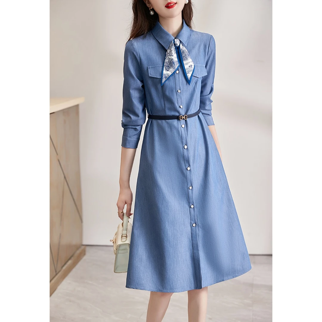 XWI/欣未2023年秋季新款显瘦衬衫裙时尚气质减龄收腰修身裙子