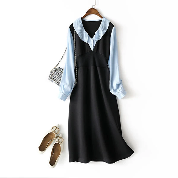 IHIMI2025秋新款法式连衣裙衬衫拼接修身裙子女长裙显瘦时尚气质