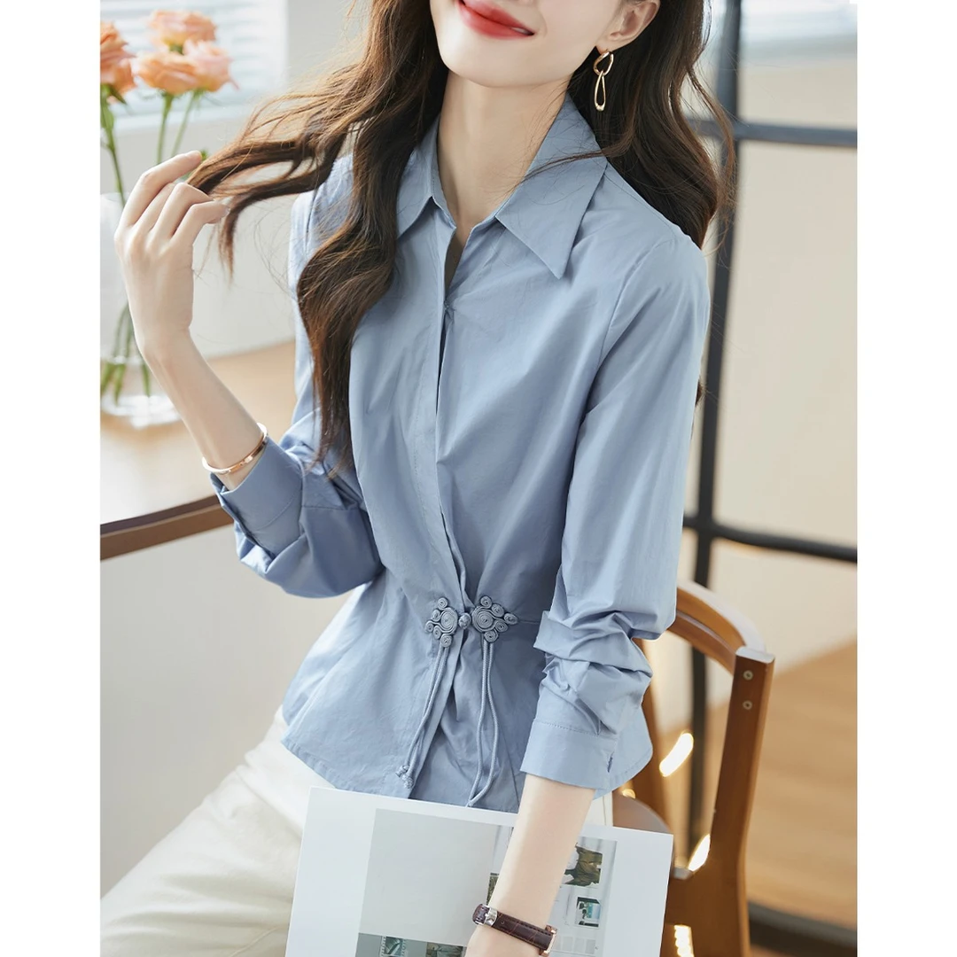 沫晗依美2025春季简约气质国风质感宽松百搭上衣新中式盘扣衬衣女