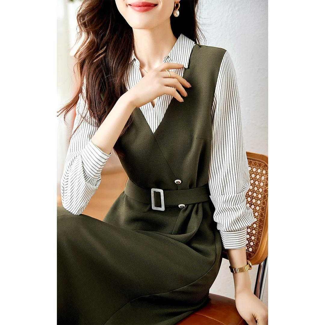 XWI/欣未长袖连衣裙显瘦女23年春秋新款收腰拼接裙子抖音金卡