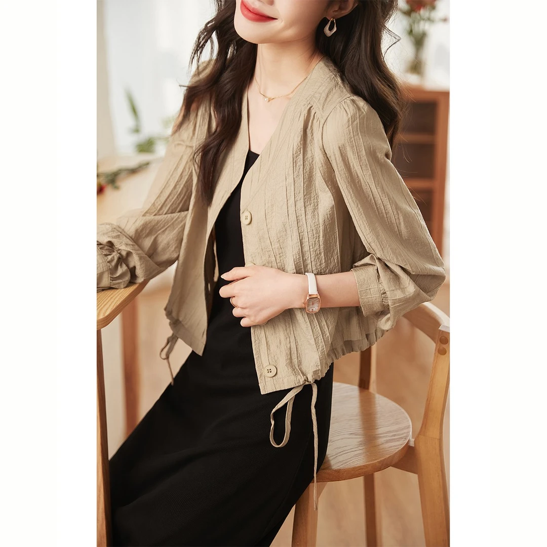 沫晗依美2024春款时尚肌理感简约百搭质感长袖系带开衫套装女A030