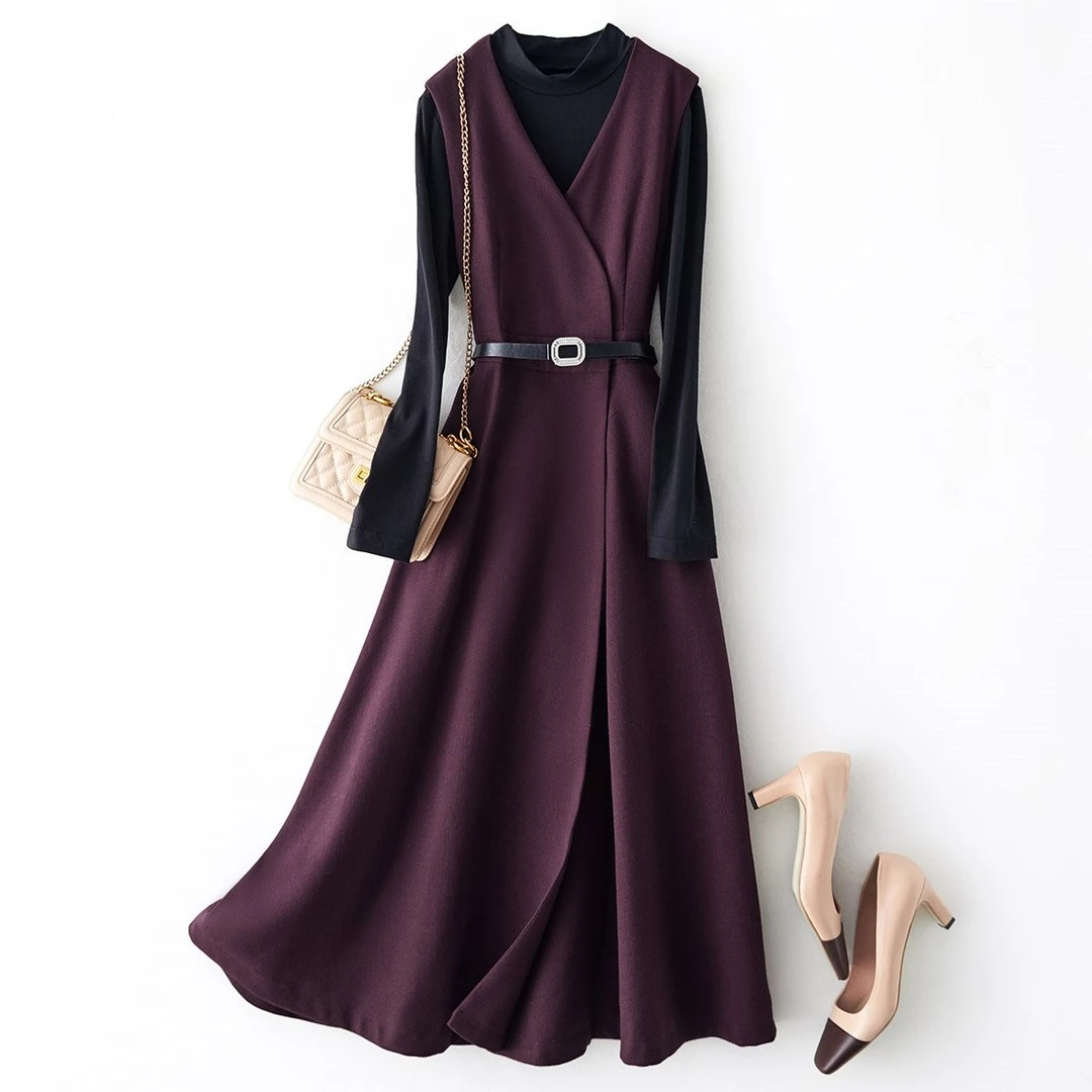 IHIMI长袖针织衫毛呢裙子套装女2023秋冬新款修身长裙内搭两件套