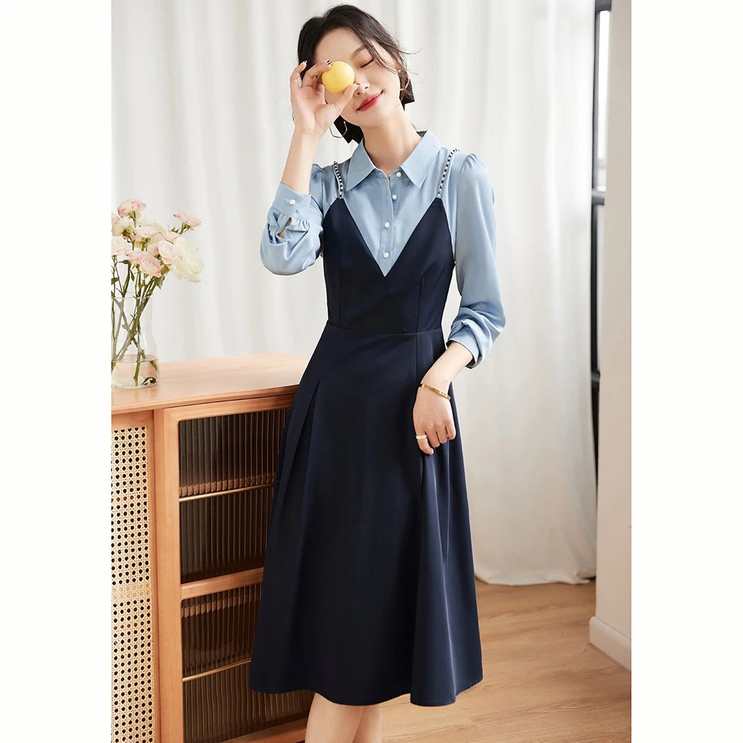 沫晗依美2024年秋款气质高级感显瘦通勤拼接假两件连衣裙女士A001