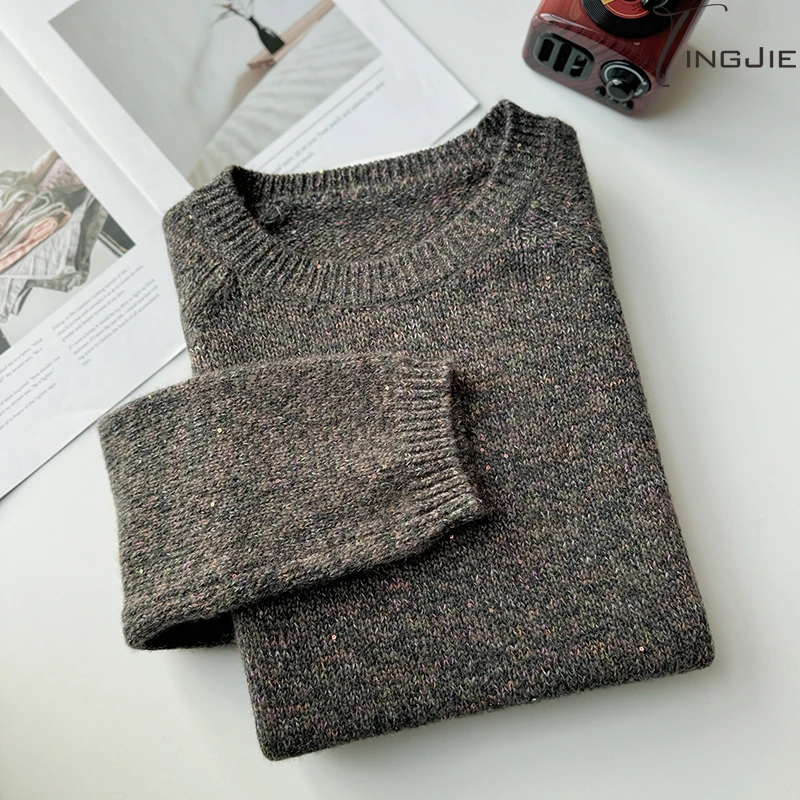 【罗兰星夜】琉璃咖色七彩缎染高配蜜熊绒针织圆领套头毛衣B1375