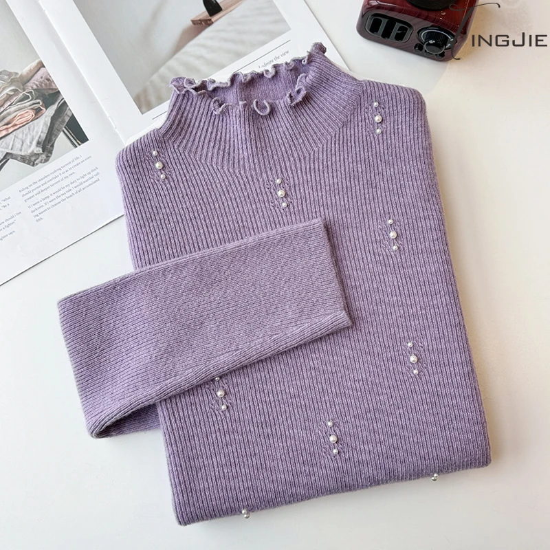 【婷姐推荐】高级感卷边领优雅紫色针织时尚秋冬套头毛衣B1315