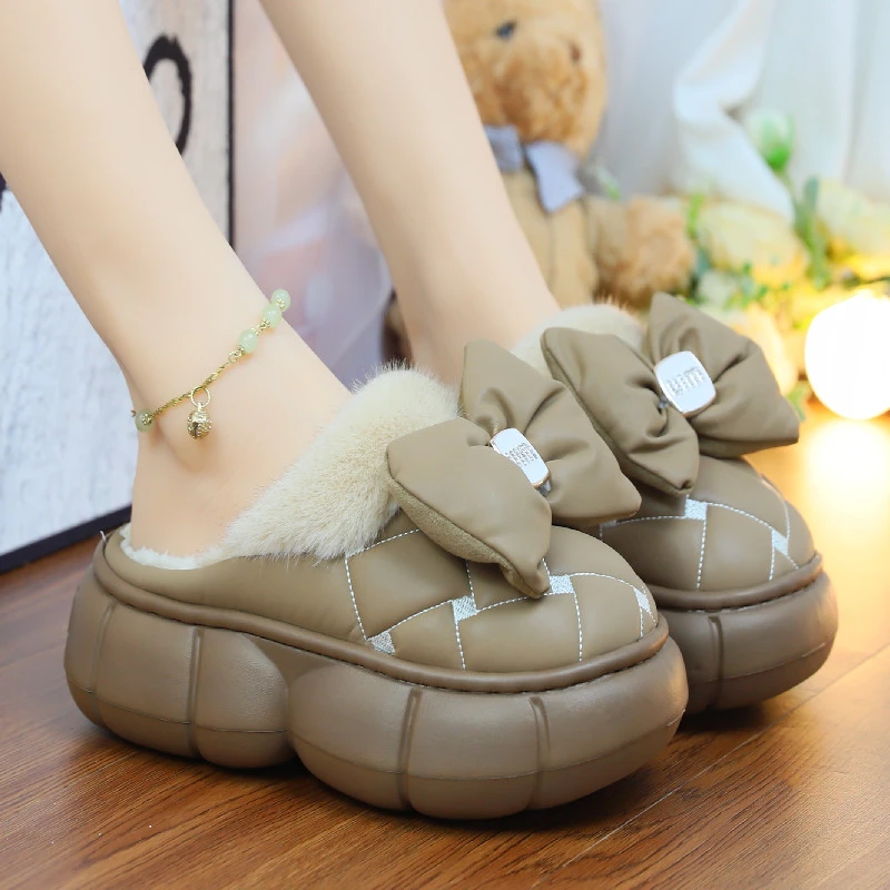 棉拖鞋女士冬季防水厚底防滑蝴蝶结室内家居舒适保暖时尚外穿拖鞋