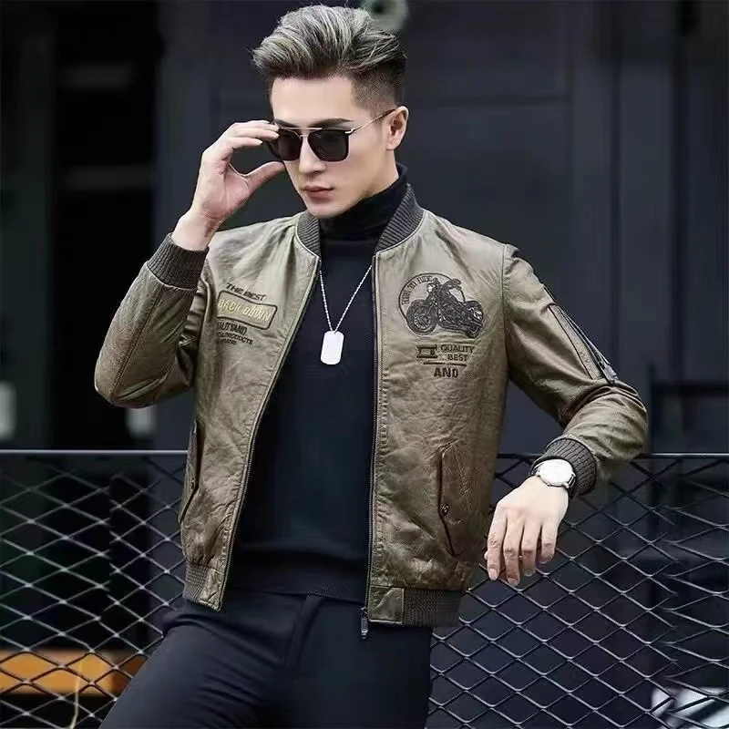 秋季新款海宁皮衣男士短款棒球领修身皮夹克韩版外套潮流